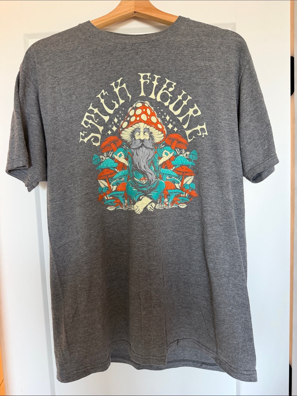 Men's Stick Figure Graphic Tee - Gray with Orange & Teal Mushroom Art